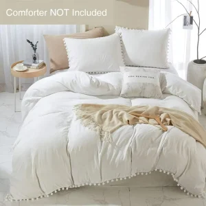 3 Piece Modern Eco-Friendly All-Season Microfiber Bedding Comforter Cover Set Soft Lightweight Quilt Cover Solid White Pompom