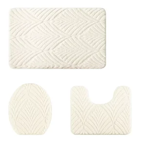 3 Piece Plush Bath Rug Set Geometric Leaf Pattern Soft Absorbent Toilet Lid Cover + U-Contour Rug + Bath Mat Non-Slip Mat