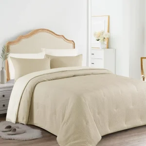 3 Piece Seersucker Comforter Set Breathable Beige Soft Comforter Set Lightweight Bedding Sets with Comforter for All Season