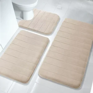 3 Piece Solid Memory Foam Bath Mat Set Non Slip Soft Comfortable Bathroom Rugs Water Absorption & Machine Washable Toilet Mats