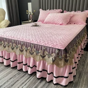 3 Pieces Lace Bedding Skirt Set Solid Color Lace Bedding Skirt Set Plain Dyed Bedding Cover Set with Pillowcase