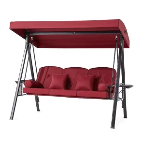 3 Seat Outdoor Porch Swing with Adjustable Flat Lying Patio Swing Chair with Cup Holder Tray Cushion Pillows for Garden Backyard