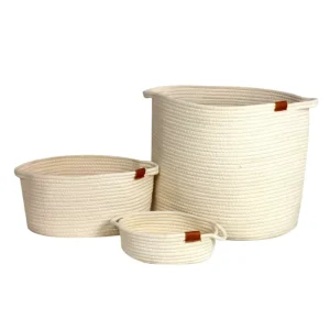 3 Sizes Cotton Rope Woven Storage Basket Leather Handles Foldable Nursery Laundry Organizer
