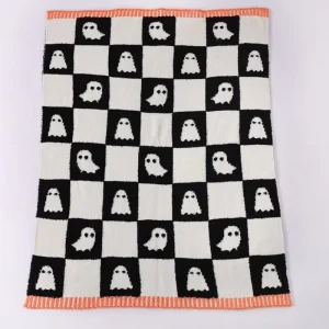 30*40 370g Custom Black and White Checkered Halloween Ghost Designs Luxury Knitted Throw Blanket for Gift
