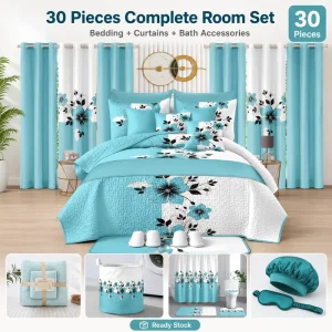 30 Piece king Size Quilted Bedspread Coverlet Bedding Set with Macthing Curtains Ensemble Couvre lit Avec Rideaux