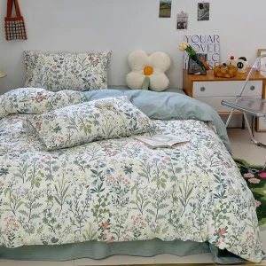300TC 100% Cotton Bedding Set Breathable Green Floral Duvet Cover 4 Piece Set with 80x80cm Pillowcases for Home Hotel