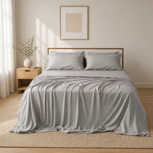 300TC 100% Organic Bamboo Viscose Bedding Sheet Set Queen Size Silver Color