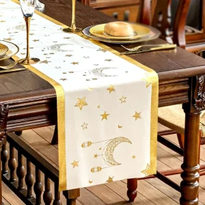 33*180cm Muslim Gold Printed Stamp Foil Moon Star Velvet Table Runners Eid Mubarak Ramadan Modern Home Hotel Table Decorations