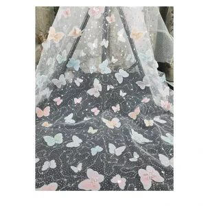 3D Butterfly Flower Mesh Fabric 100% Polyester Tulle Net Tessuto Di Pizzo Ricamato with Beads Lace Fabric for Girl’s Dress