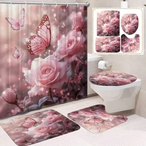 3D Butterfly Rose Shower Curtain Set 4 Piece Waterproof Polyester Fabric Bathroom Decor with Non Slip Rugs Mat Toilet Cover Set
