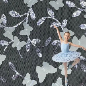 3D Butterfly Sequin Embroidered Mesh Fabric 60gsm 1.28M Wide Tulle Fabric for Girl’s Ballet Tutu Dress and Stage Costumes