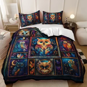 3D Digital Printing Microfiber Fabric Colourful Lucite Patchwork Owl Customised Duvet Cover Set for Hotel & Hospital Use