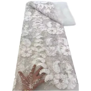 3D Embroidered Floral Ribbon Mesh Fabric with Flower Leaf Pearl Sequin Pearl Tube Embroidery for Wedding Dress, Stage Costumes