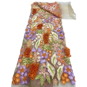 3D Embroidered PVC Coated Lace Fabric Dress with Grape Flower Knitted Three Dimensional Applique for Weddings