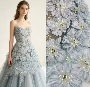 3D Floral Lace Fabric Applique Textile with Sequins and Beads for Wedding Dress Evening Gown
