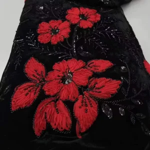3D Flower Handmade Black Diamond Full Beaded Embroidery Woven Lace Fabric for Wedding Home Textile Lightweight Polyester Cotton
