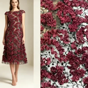 3D Flower Mesh Fabric With Black Rhinestone Sequins Embroidery for Women Formal Prom Dress Bridal Lace Fabric