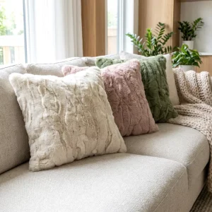 3D Grid Textured Faux Rabbit Fur Throw Pillow Cover Eco-Friendly Removable Washable Customizable Luxury Soft Fluffy Square Decor