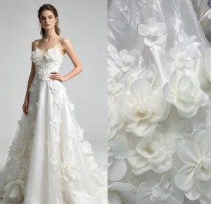3D Handmade Pleated Floral Satin Fabric White Glossy Mesh 3D Flower Textile for Wedding Bridal Gown Evening Dress