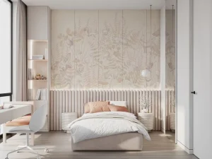 3D Home Wallpaper Custom Kids Woodland Animal Wall Mural Beige Botanical Texture Wall Panel for Scandinavian Nursery Decor
