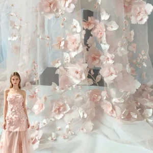 3D Positioned Multilayer Floral Beaded Knitted 100% Polyester Sheer Tulle Lace Dress Fabric Laser Embroidered Cloth for Girls