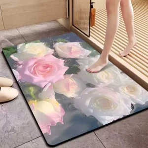 3D Printed Diatom Super Absorbent Cushioned Bath Mat Non Slip Floral Pattern Pet Friendly Rubber Customizable Size Bathroom Rug