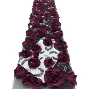 3D Rose Applique Bugle Bead Embroidered Tulle Fabric French Lace Mesh for Wedding Dress Evening Gown Stage Costume