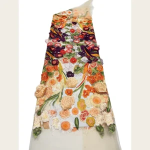 3D Stereo Floral Embroidered Woven Tulle Lace Fabric Polyester Nylon Vintage Oil Painting Style Evening Gowns Cheongsam