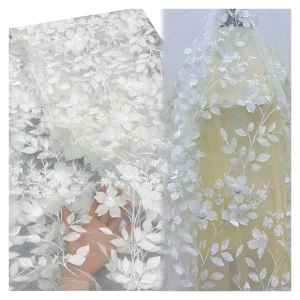 3D White Lace Flower Embroidery Tulle Lace Fabric Laser Chiffon Lace Fabric for Bridal Gown Formal Dress