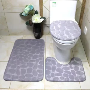 3Pcs Set Toilet Seat Cover Shower Room Floor Rug Home Bathroom Anti Slip Absorbent Doormat Pebbles Bathtub Bath Mat