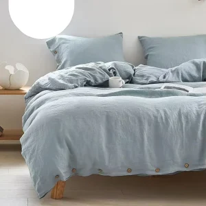 3Pcs Solid Color King Size Bedding Set Button Closure Pillowcase Hotel Use Washed Flax Soft 100% Linen Duvet Cover Set