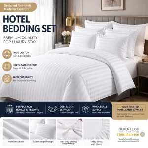 3cm Stripe Hotel Bedding Set 100% Cotton 300TC Bed Sheets Duvet Cover Luxury White Linen Supplier Middle East Export