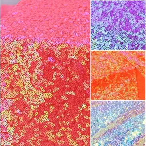 3mm All-Over Blitz Fluorescent Neon Coral Iridescent Sequin 4 Way Stretch Fabric Knitted Jersey Elastic for Dance Clothing