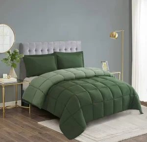 3pc Green Queen Size Eco Friendly Comforter Set Double Brushed Microfiber Quilted Duvet Insert Corner Tabs Box Stitched