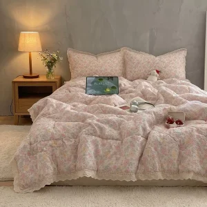 4 Pcs Ruffle Lace Crinkle Gauze Summer Cooling Blanket Thin Aircon Comforter Bedding Set for Homestay Procurement Bedroom Decor