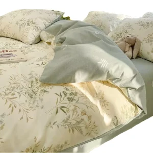 4-Piece 100% Cotton 200TC Duvet Cover Set Deep Pocket Fitted Sheet 2 Pillow Zipper Closure Machine Washable All-Season Queen