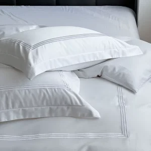 4 Piece Cotton Comforter Set Solid White with Dual Stripe Embroidered Border Hotel Collection Bedding and Includes Set