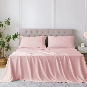 4 Piece Cotton Fitted Bed Sheet Set Egyptian Cotton 300TC Plain Solid Folded Queen Size Pink