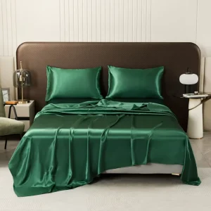 4 Piece Green Satin King Size Bedding Set 1 Deep Pocket Fitted Sheet 1 Flat Sheet 2 Pillowcases Air Permeable