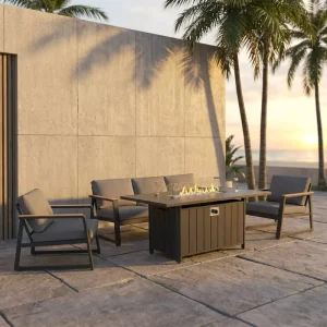 4 Piece Outdoor Dining Sofa with Fire Table 200g Staple Fiber Cloth 10cm Cushion 22D Foam Aluminum Frame Fire Pit Set