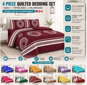 4 Piece Quilted Bedding Set Luxury Coverlet Set with Deep Pocket Fitted Sheet OEM Manufacturer