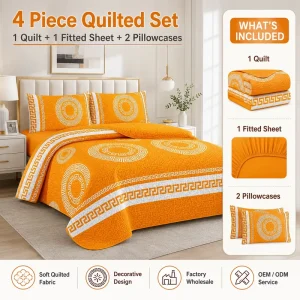 4 Piece Quilted Bedding Set with Fitted Sheet and Pillowcases for USA Canada Market