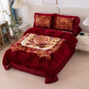 4 Piece Raschel Fleece Comforter Set 100% Polyester Floral Winter Warm Blanket Bedding Set for King Queen Bed