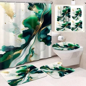 4 Piece Set Green Gold Plated Marble Print Pattern Polyester Shower Curtain Hooks Bathroom Rug U Shaped Mat Toilet Mat