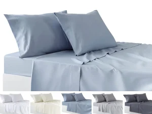 4 Piece Solid Bedding Set Fitted Flat Sheets 2 Pillowcases 50x80cm King Size Double Anti Dust Mite Light Blue