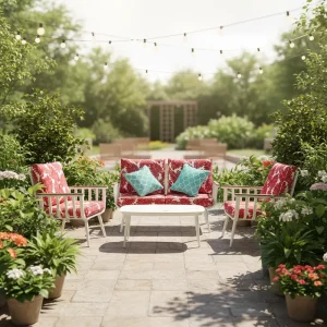 4 Piece Tropical Style Aluminum Outdoor Conversation Set Red Leaf Print Waterproof Cushions Decorative Pillows Oval Coffee Table