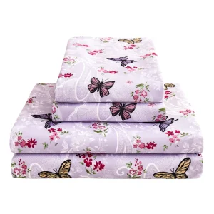 4 Pieces Purple Fashion Butterfly Bed Sheets Set with Pillowcases High Quality Microfiber Bed Sheets Set