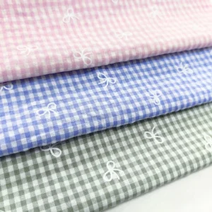 40s Premium Gingham Check Fabric Cute 3D Bubble Texture Ribbon Bow Printed Cotton Poly Fabric for DIY Childrenswear Summer Dress