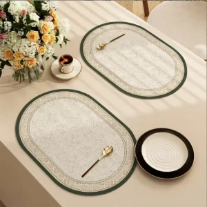 40x30cm Bohemian Oval Pattern Non Slip Heat Resistant Dish Drying Mat Placemats with PU Faux Leather for Table and Desk Lining