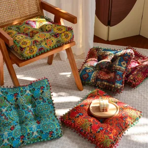 40x40cm Bohemian Ethnic Seat Cushion Pom Pom Decor Square Floor Pillow Thick Padded Chair Pad for Dining Chair Balcony Home
